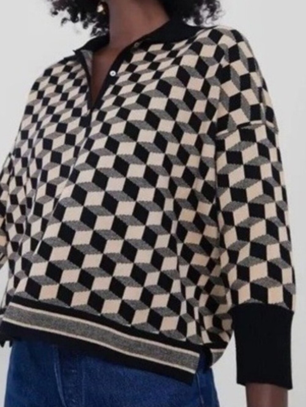 Tuckernuck Clayton Geometric Black Camel Collared Sweater Boxy Relaxed XL/XXL